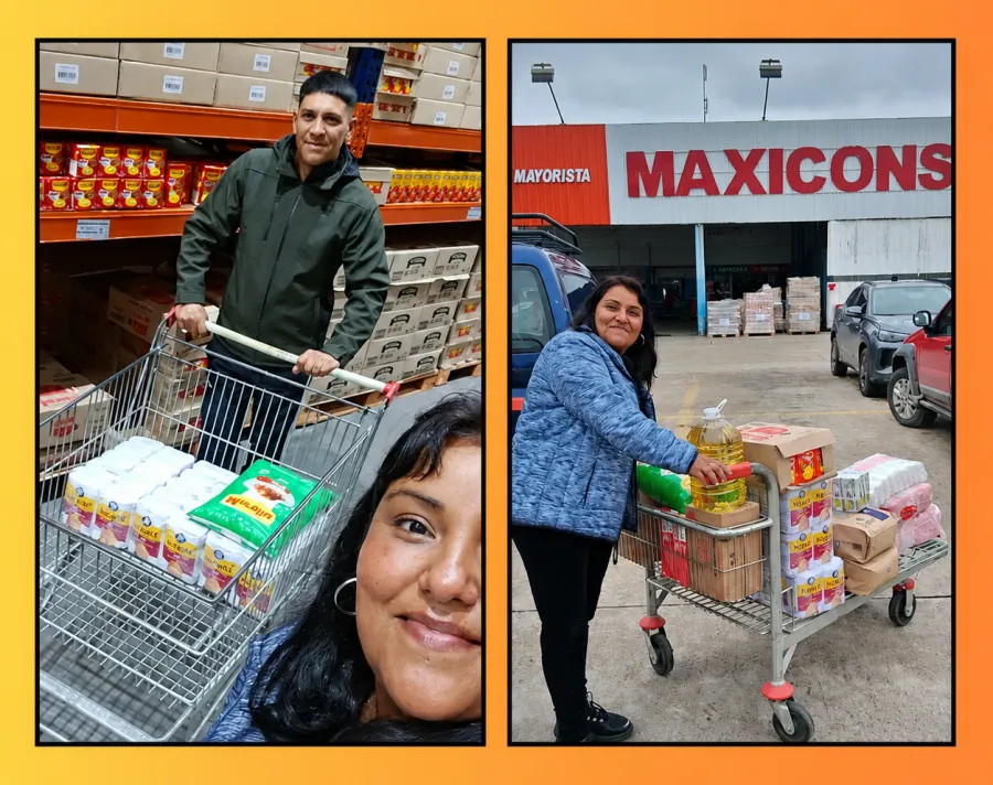 David y Mica empujando carros cargados de mercadería en el mayorista.